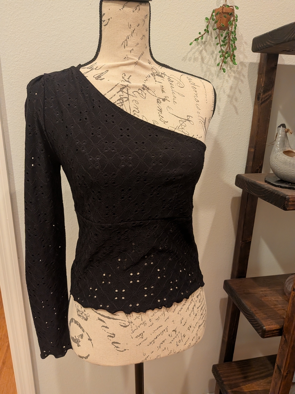 Good Luck Gem Black One-Shoulder Eyelet Top